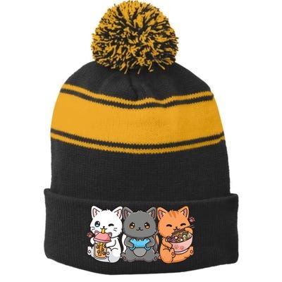 Anime Boba Tea Bubble Tea Gaming Gamer Ramen Cat Stripe Pom Pom Beanie