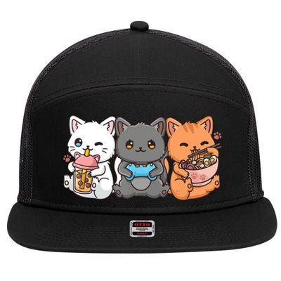 Anime Boba Tea Bubble Tea Gaming Gamer Ramen Cat 7 Panel Mesh Trucker Snapback Hat