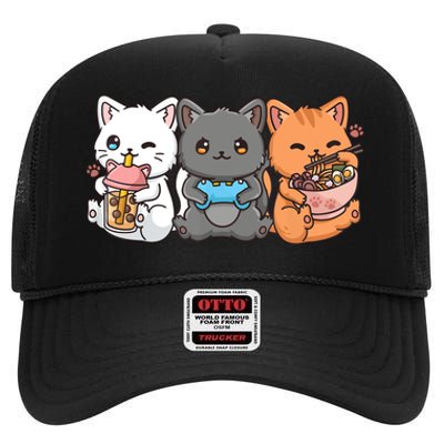 Anime Boba Tea Bubble Tea Gaming Gamer Ramen Cat High Crown Mesh Back Trucker Hat