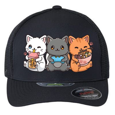 Anime Boba Tea Bubble Tea Gaming Gamer Ramen Cat Flexfit Unipanel Trucker Cap