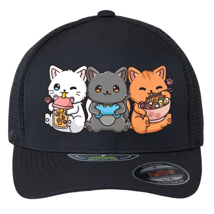 Anime Boba Tea Bubble Tea Gaming Gamer Ramen Cat Flexfit Unipanel Trucker Cap