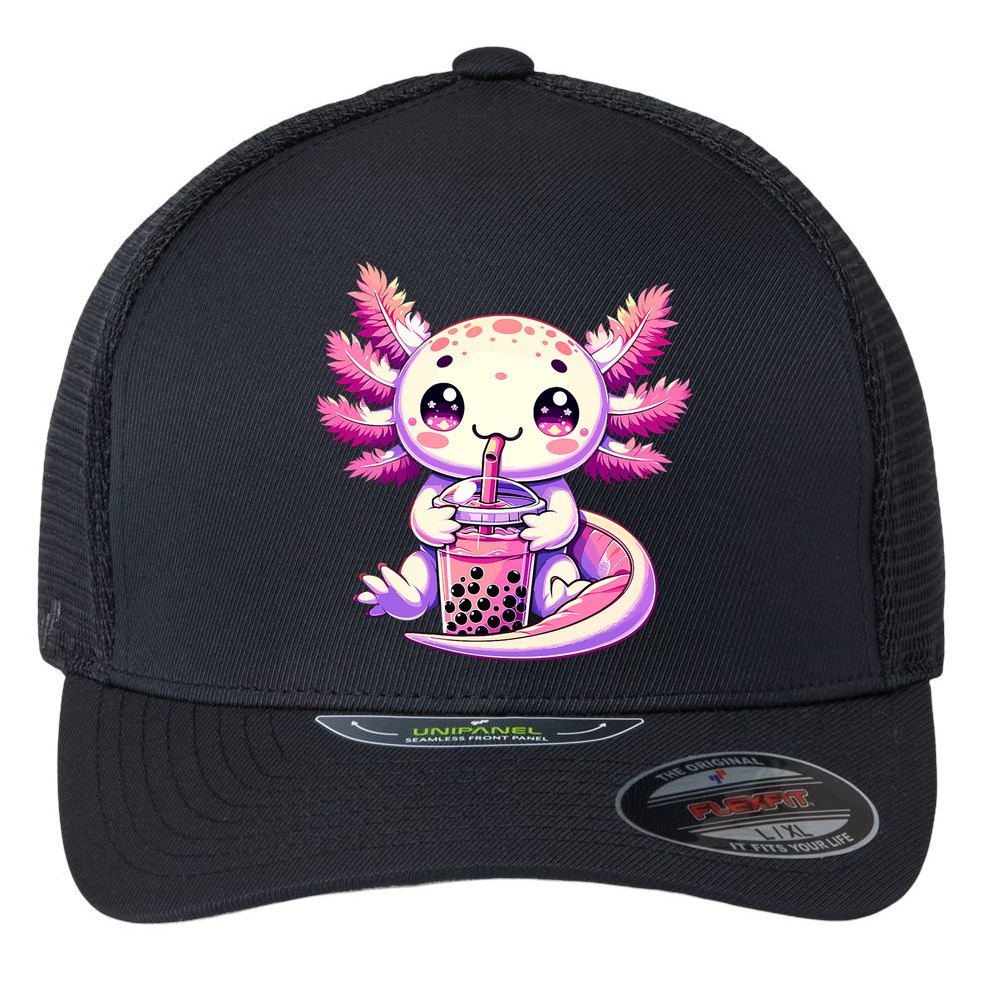 Axolotl Boba Tea Bubble Tea Anime Cute Kawaii Axolotl Flexfit Unipanel Trucker Cap
