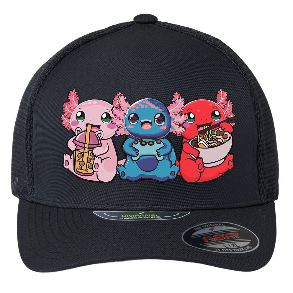 Axolotl Boba Tea Bubble Tea Gaming Gamer Ramen Axolotl  Flexfit Unipanel Trucker Cap