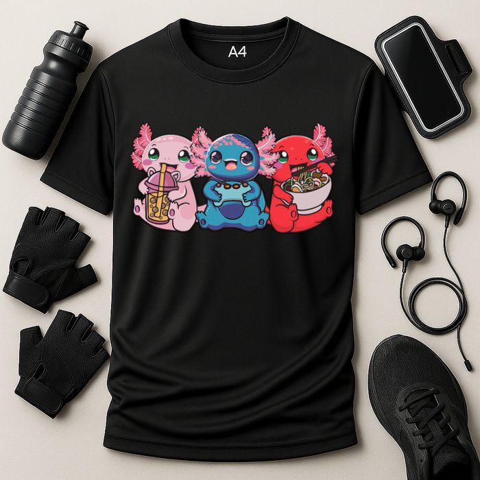 Axolotl Boba Tea Bubble Tea Gaming Gamer Ramen Axolotl  Cooling Performance Crew T-Shirt