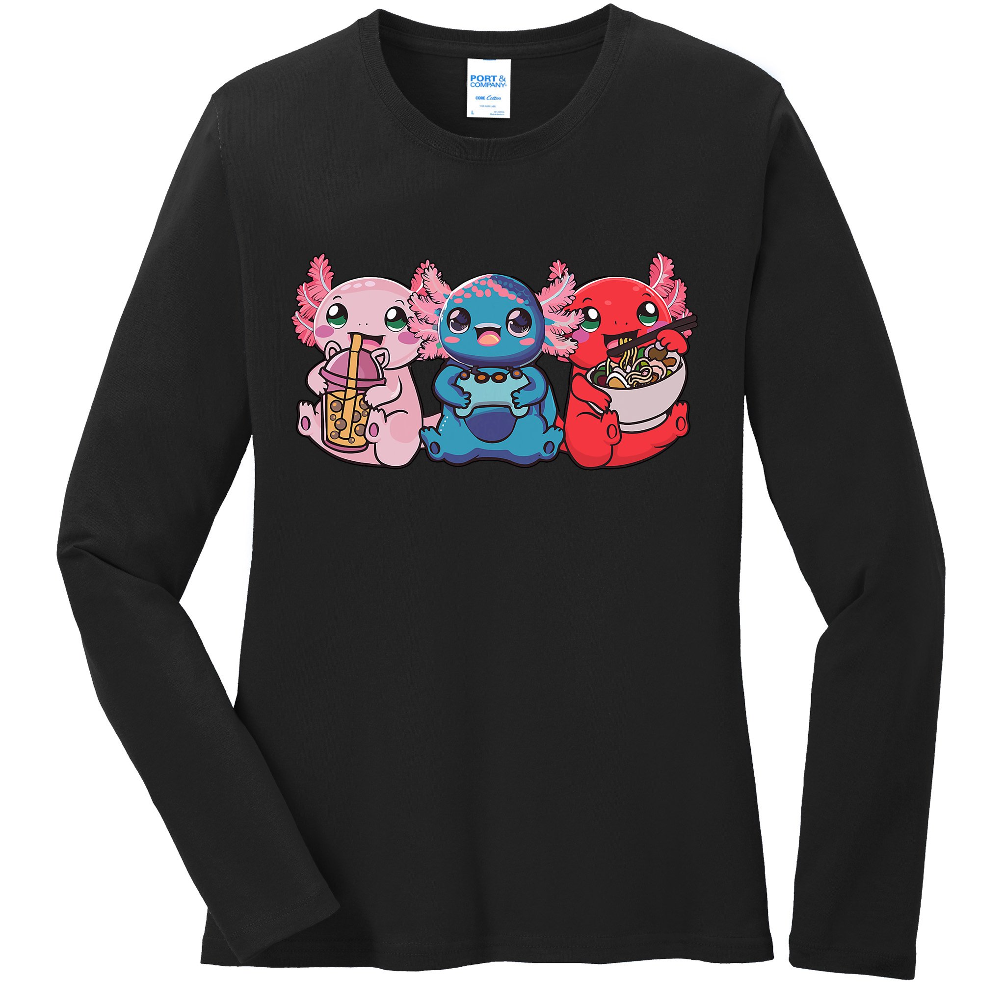 Axolotl Boba Tea Bubble Tea Gaming Gamer Ramen Axolotl  Ladies Long Sleeve Shirt