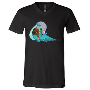 Alien Bigfoot Unicorn Riding Loch Ness Monster Cryptozoology V-Neck T-Shirt