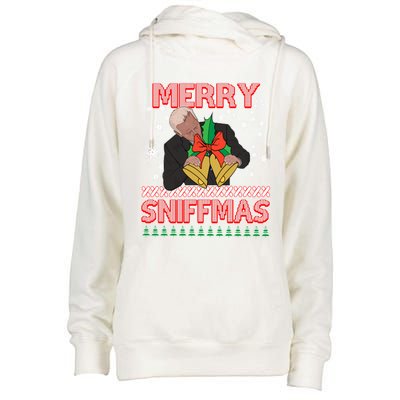 Anti Biden Ugly Christmas Funny Merry Sniffmas Xmas Funny Gift Womens Funnel Neck Pullover Hood