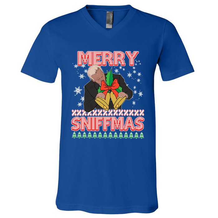 Anti Biden Ugly Christmas Funny Merry Sniffmas Xmas Funny Gift V-Neck T-Shirt