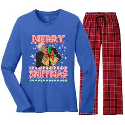 Anti Biden Ugly Christmas Funny Merry Sniffmas Xmas Funny Gift Women's Long Sleeve Flannel Pajama Set 