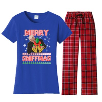 Anti Biden Ugly Christmas Funny Merry Sniffmas Xmas Funny Gift Women's Flannel Pajama Set