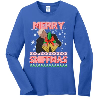 Anti Biden Ugly Christmas Funny Merry Sniffmas Xmas Funny Gift Ladies Long Sleeve Shirt