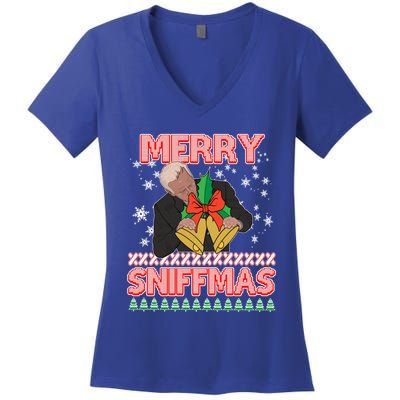 Anti Biden Ugly Christmas Funny Merry Sniffmas Xmas Funny Gift Women's V-Neck T-Shirt