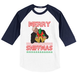 Anti Biden Ugly Christmas Funny Merry Sniffmas Xmas Funny Gift Baseball Sleeve Shirt