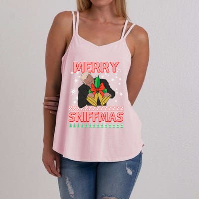 Anti Biden Ugly Christmas Funny Merry Sniffmas Xmas Funny Gift Women's Strappy Tank