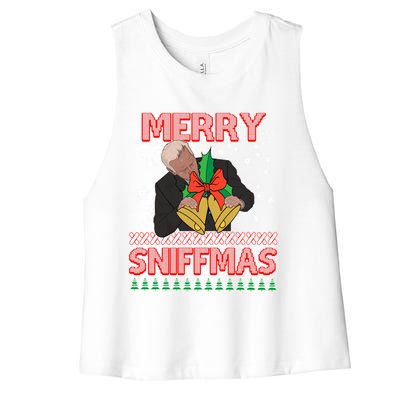 Anti Biden Ugly Christmas Funny Merry Sniffmas Xmas Funny Gift Women's Racerback Cropped Tank