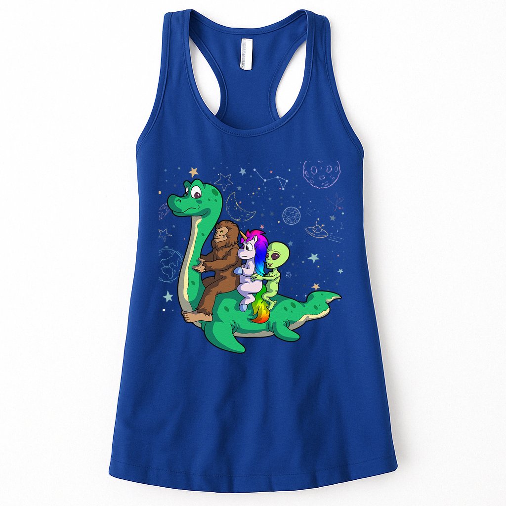 Alien Bigfoot Unicorn Riding Loch Ness Monster Halloween Womens Tank Top