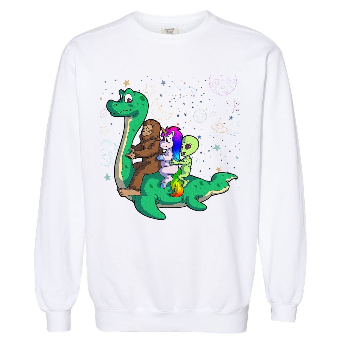 Alien Bigfoot Unicorn Riding Loch Ness Monster Halloween Garment-Dyed Sweatshirt