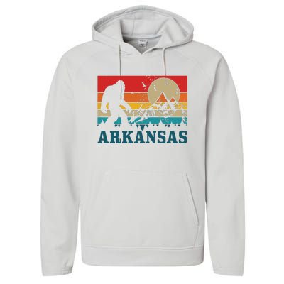 Arkansas Bigfoot Vintage Mountains Hiking Camping Gift Performance Fleece Hoodie