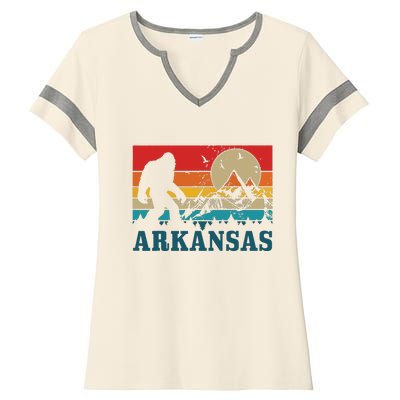 Arkansas Bigfoot Vintage Mountains Hiking Camping Gift Ladies Halftime Notch Neck Tee