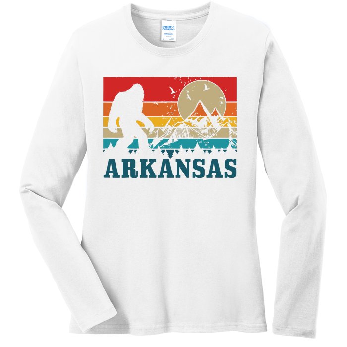 Arkansas Bigfoot Vintage Mountains Hiking Camping Gift Ladies Long Sleeve Shirt