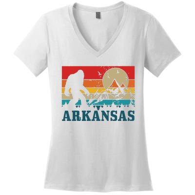 Arkansas Bigfoot Vintage Mountains Hiking Camping Gift Women's V-Neck T-Shirt