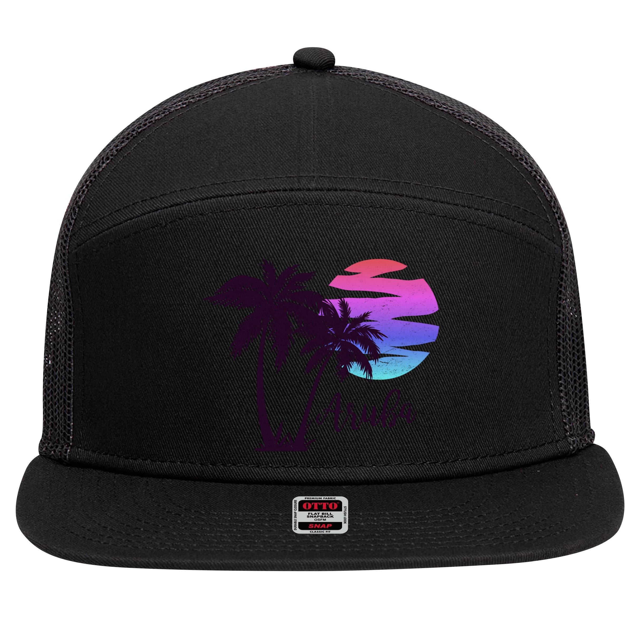 Aruba Beach Vacation Caribbean Cruise Retro Sunset Palm Tree Meaningful Gift 7 Panel Mesh Trucker Snapback Hat