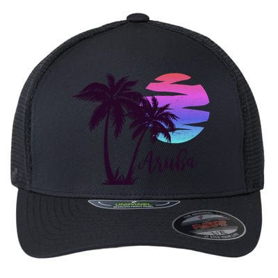 Aruba Beach Vacation Caribbean Cruise Retro Sunset Palm Tree Meaningful Gift Flexfit Unipanel Trucker Cap