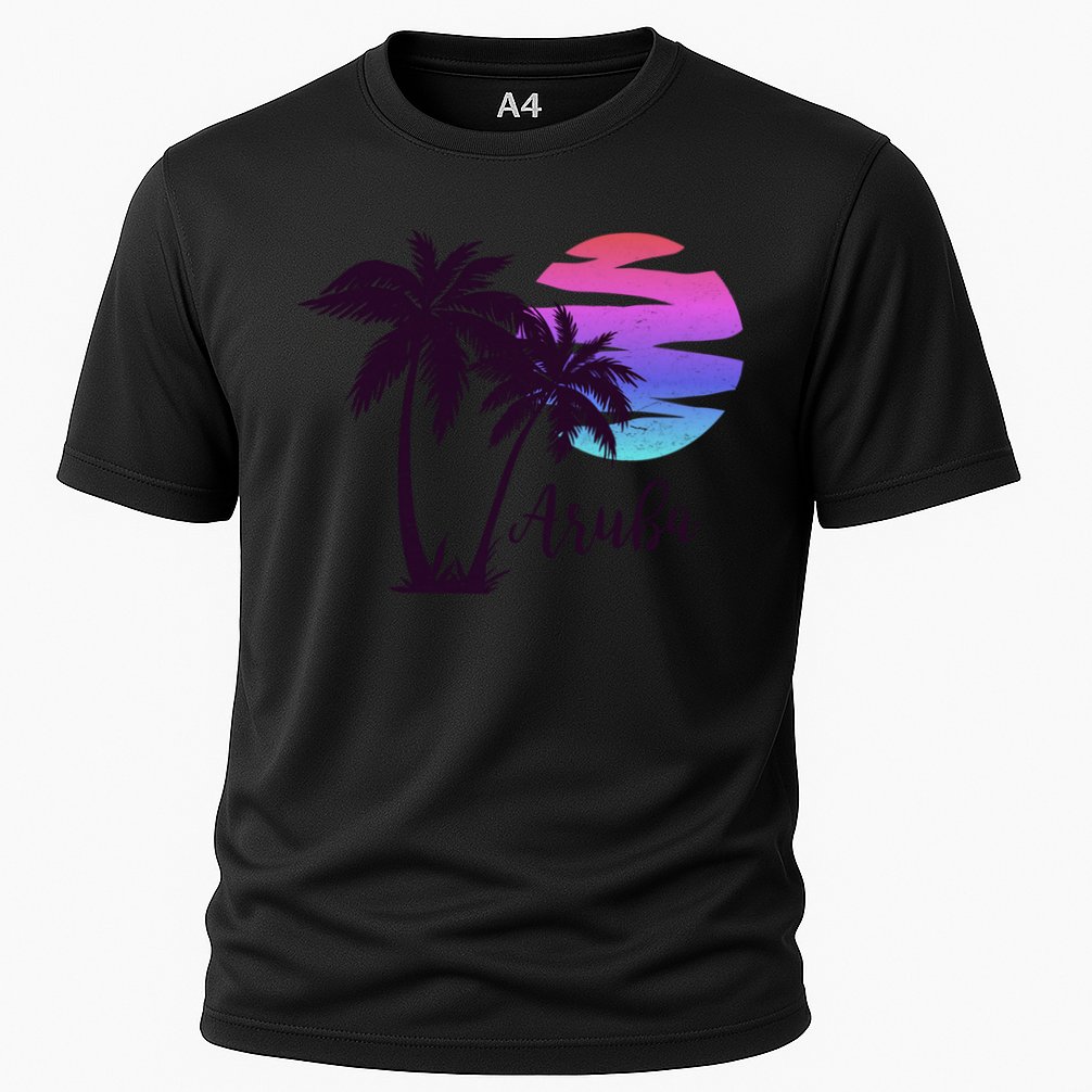 Aruba Beach Vacation Caribbean Cruise Retro Sunset Palm Tree Meaningful Gift Cooling Performance Crew T-Shirt