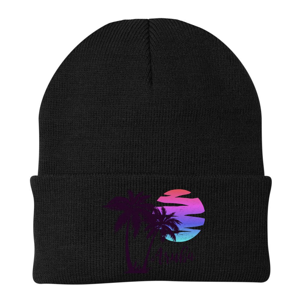 Aruba Beach Vacation Caribbean Cruise Retro Sunset Palm Tree Meaningful Gift Beanie