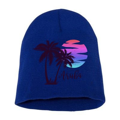 Aruba Beach Vacation Caribbean Cruise Retro Sunset Palm Tree Meaningful Gift Short Acrylic Beanie