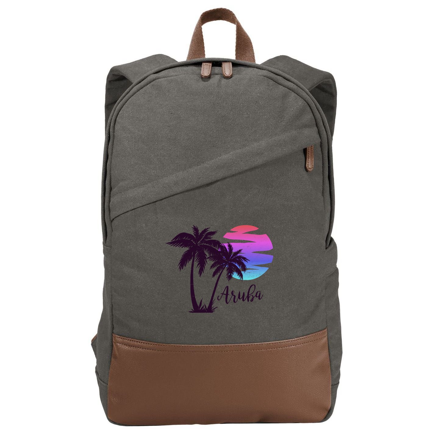 Aruba Beach Vacation Caribbean Cruise Retro Sunset Palm Tree Meaningful Gift Cotton Canvas Backpack