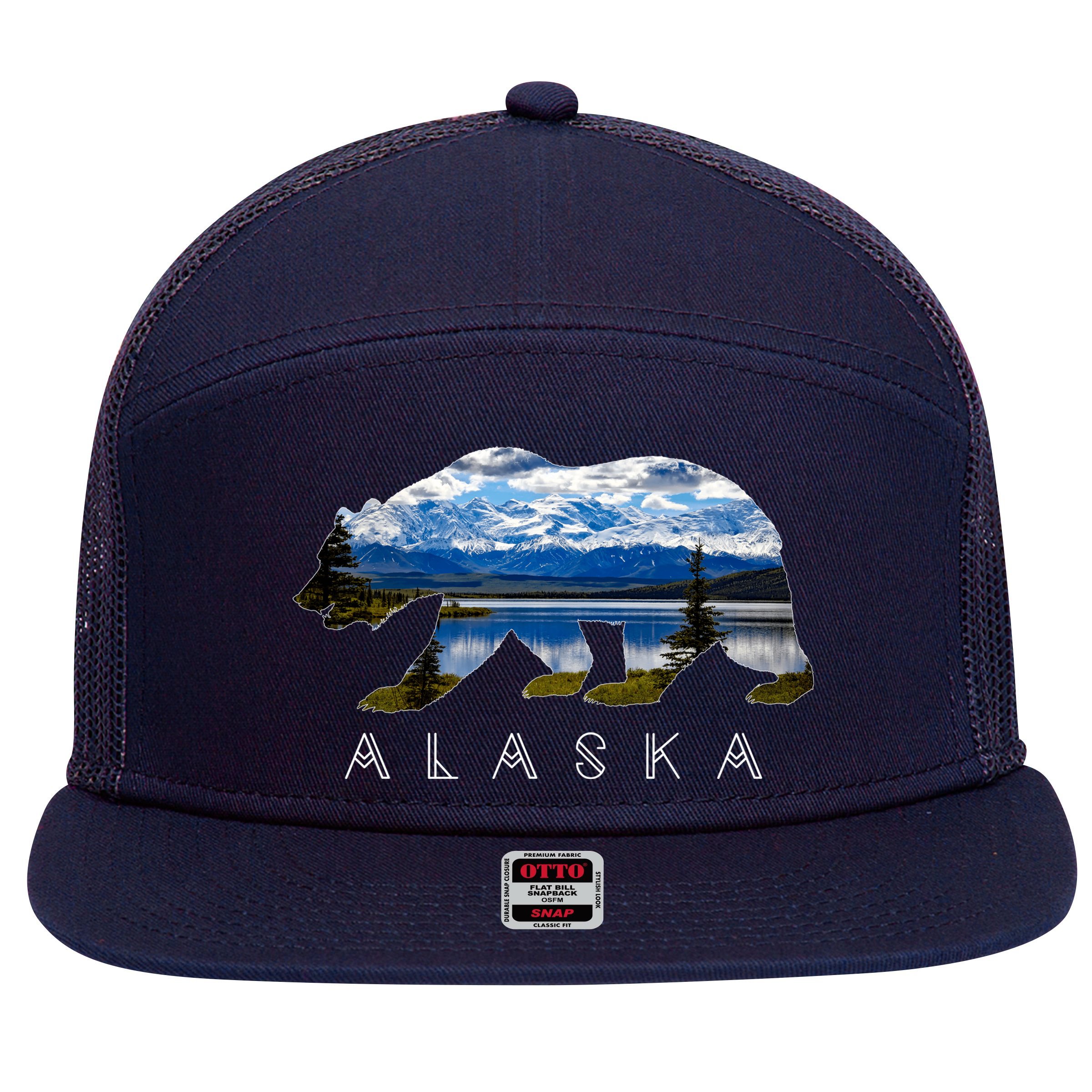 Alaskan Bear With Lake & Mountain Souvenir 7 Panel Mesh Trucker Snapback Hat