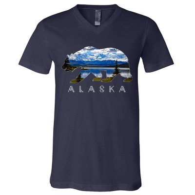Alaskan Bear With Lake & Mountain Souvenir V-Neck T-Shirt
