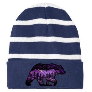 Alaskan Bear With Lake & Mountain Souvenir Striped Beanie with Solid Band