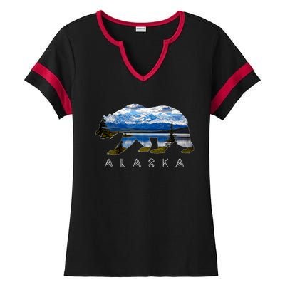 Alaskan Bear With Lake And Mountain Souvenir Gift Ladies Halftime Notch Neck Tee