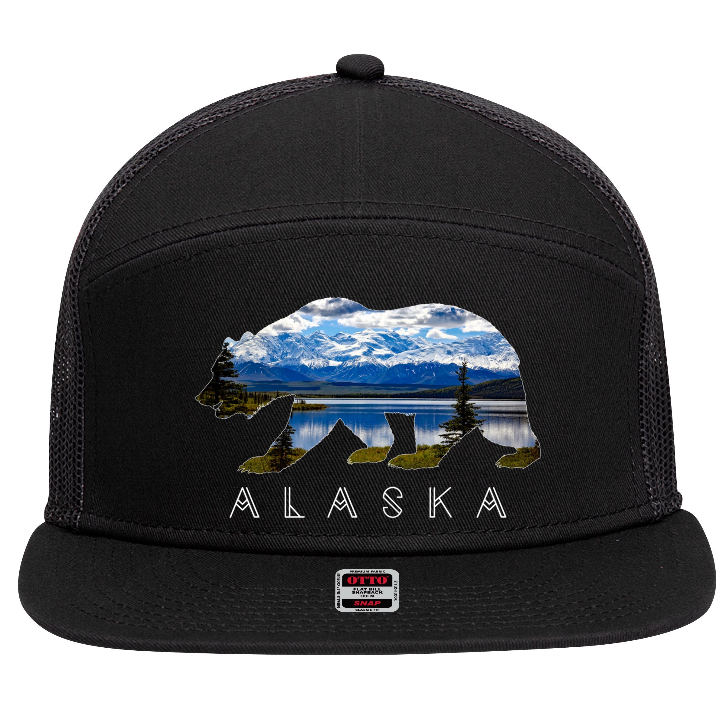 Alaskan Bear With Lake And Mountain Souvenir Gift 7 Panel Mesh Trucker Snapback Hat