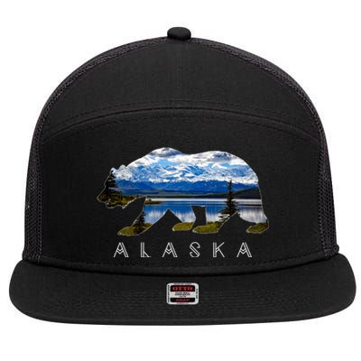 Alaskan Bear With Lake And Mountain Souvenir Gift 7 Panel Mesh Trucker Snapback Hat