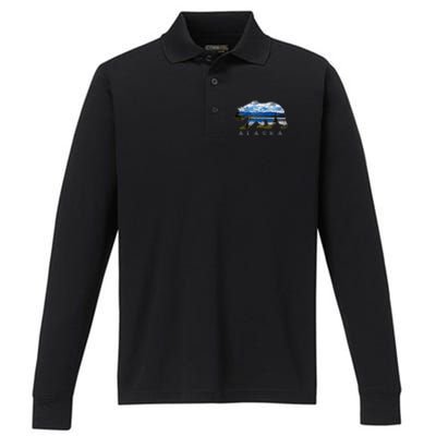 Alaskan Bear With Lake And Mountain Souvenir Gift Performance Long Sleeve Polo