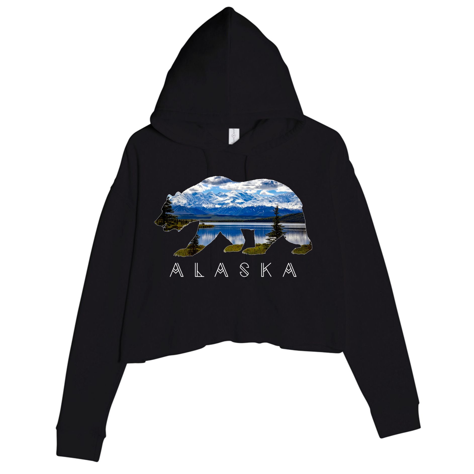 Alaskan Bear With Lake And Mountain Souvenir Gift Crop Fleece Hoodie