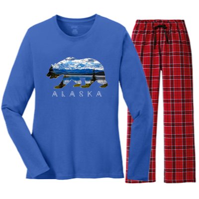 Alaskan Bear With Lake And Mountain Souvenir Gift Women's Long Sleeve Flannel Pajama Set 