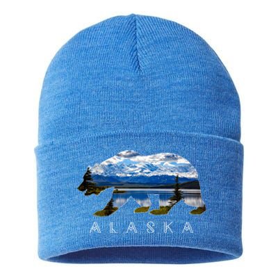 Alaskan Bear With Lake And Mountain Souvenir Gift Sustainable Knit Beanie