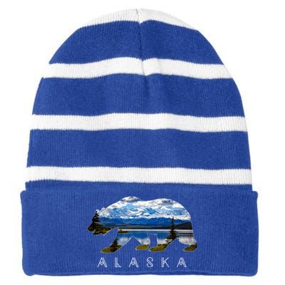 Alaskan Bear With Lake And Mountain Souvenir Gift Striped Beanie with Solid Band