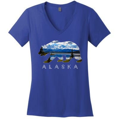 Alaskan Bear With Lake And Mountain Souvenir Gift Women's V-Neck T-Shirt