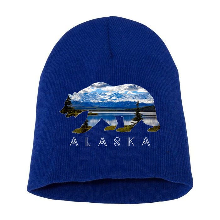 Alaskan Bear With Lake And Mountain Souvenir Gift Short Acrylic Beanie