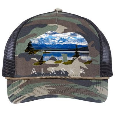 Alaskan Bear With Lake And Mountain Souvenir Gift Retro Rope Trucker Hat Cap