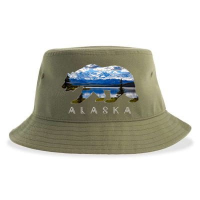 Alaskan Bear With Lake And Mountain Souvenir Gift Sustainable Bucket Hat