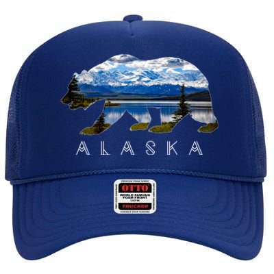 Alaskan Bear With Lake And Mountain Souvenir Gift High Crown Mesh Back Trucker Hat