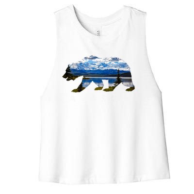 Alaskan Bear With Lake And Mountain Souvenir Gift Women's Racerback Cropped Tank