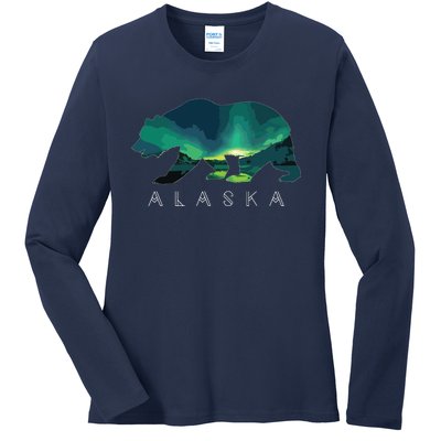 Alaskan Bear With Borealis Icy Mountain Ladies Long Sleeve Shirt