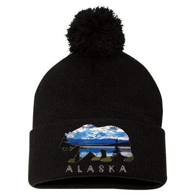 Alaskan Bear With Lake Mountain Souvenir Pom Pom 12in Knit Beanie
